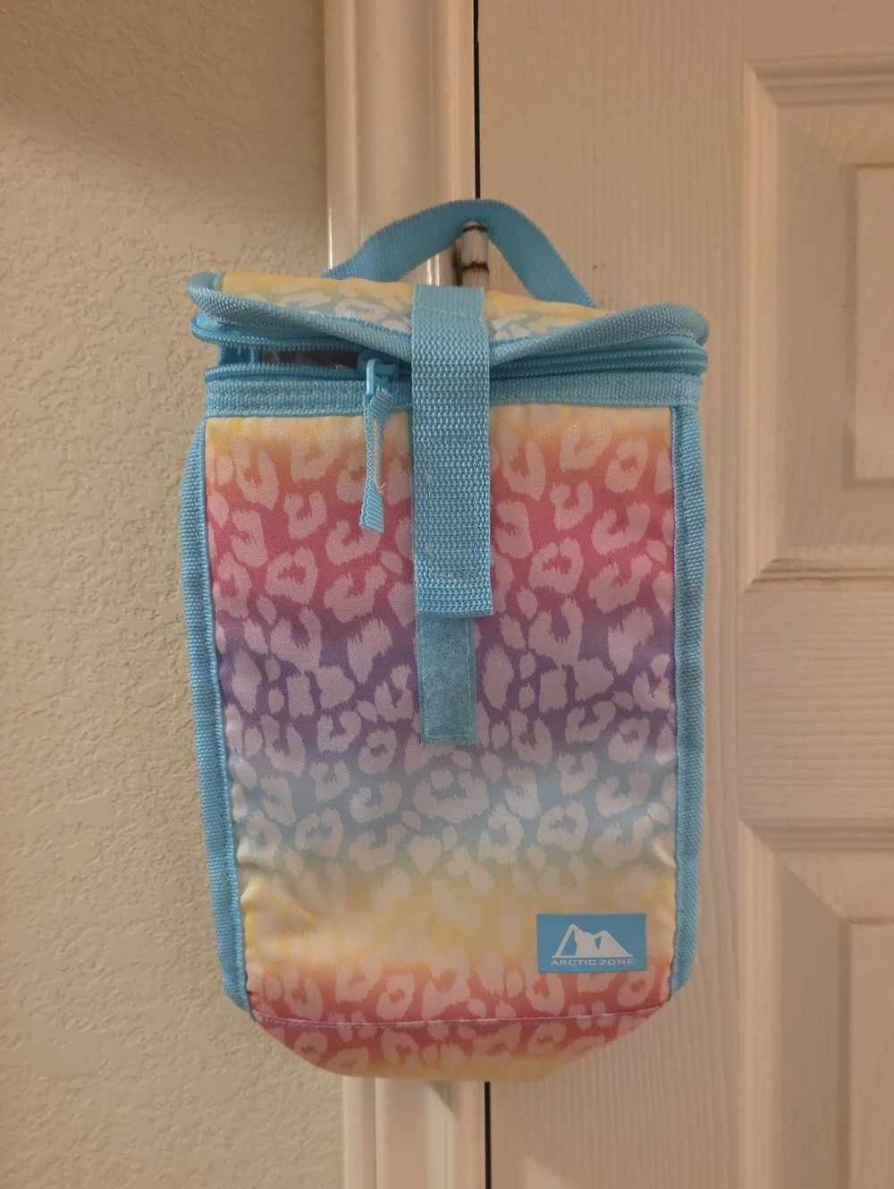 Kids Rainbow Leopard Print Lunch Bag - Blue Trim